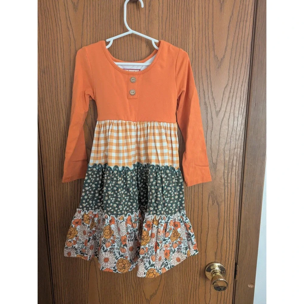 Cheeky Plum Orange Floral Gingham Tiered 3/4 Sleeve Henley Dress Fall-Girls 5T